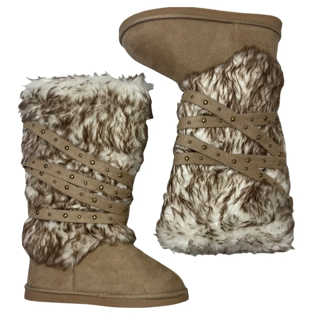 Fur Boots Tall Knee High Winter Snow Boots Neutral Beige Taupe Womens Size 10